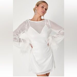 Lulus Marvelous Energy White Sequin Mesh Long Sleeve Mini Dress